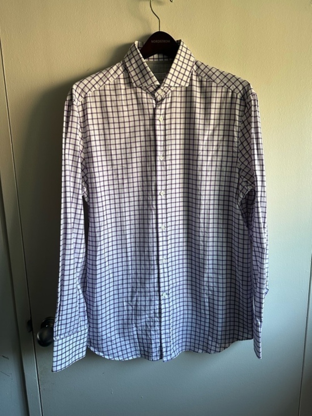 Brunello Cucinelli White Shirt with Purple Windowpane Check